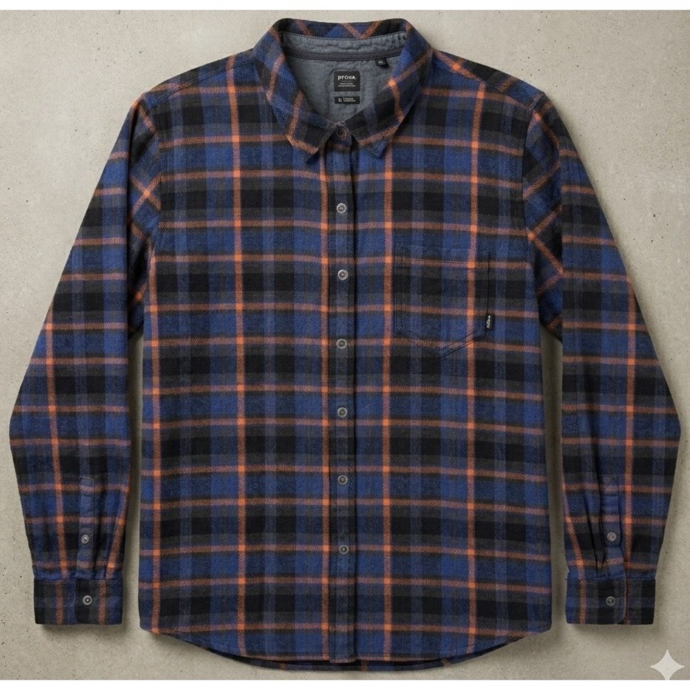prAna Flannel Shirt Mens XL Snap Front Blue Black Plaid Organic Cotton Gorpcore